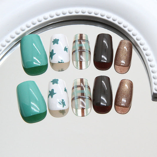 Tropical Oasis Short Square Shaped Vibrant Teal and Elegant Brown Press on Nail Set with Unique Floral and Plaid Patterns