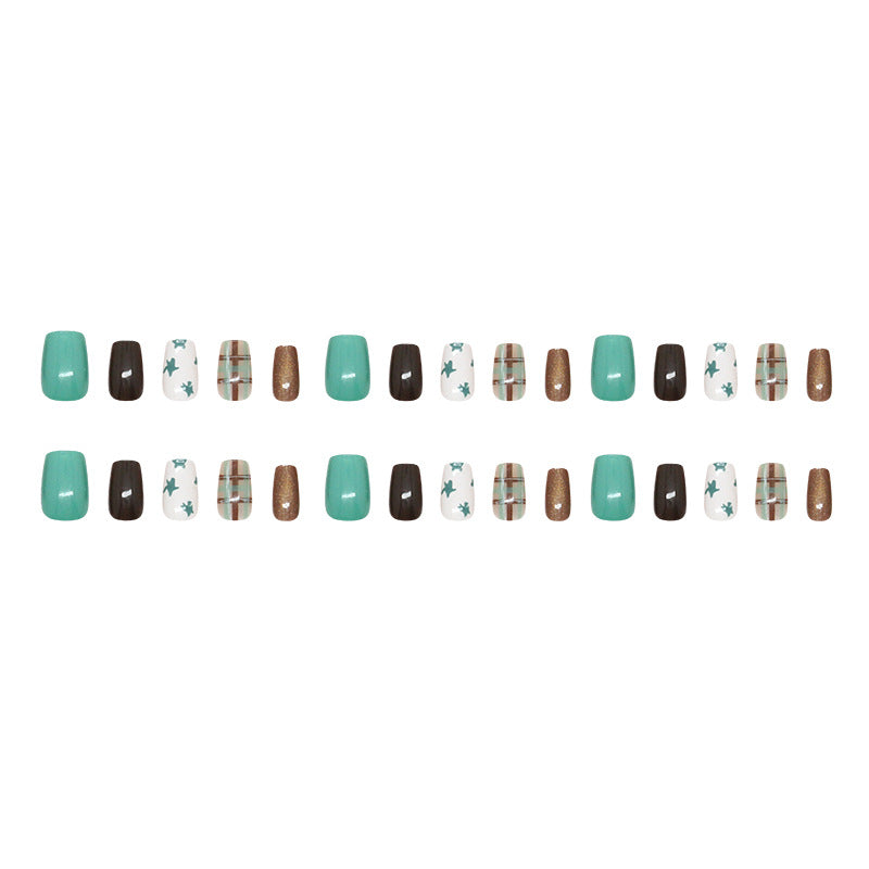 Chic Autumn Vibes Elegant Short Square Mint Green Brown and White Press On Nail Set with Unique Patterned Accents