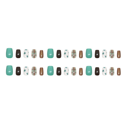 Chic Autumn Vibes Elegant Short Square Mint Green Brown and White Press On Nail Set with Unique Patterned Accents