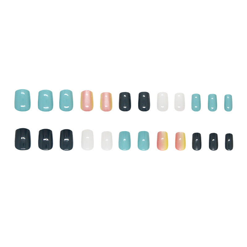 Charming Ocean Escape Short Square Glossy Press On Nail Set in Vibrant Aqua Black and Soft Pink Shades with Iridescent Shimmer