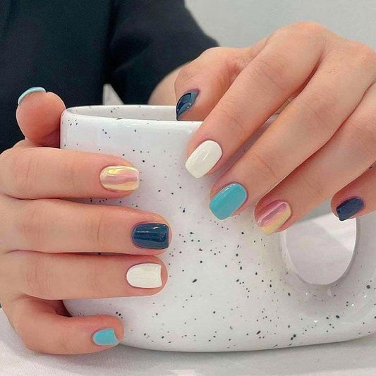 Whimsical Coastal Elegance Short Square Multicolor Glossy Press-On Nail Set with Iridescent Accent
