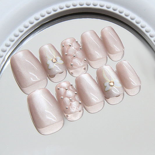 Elegant Blossom Inspired Short Square Shimmery Pink Press on Nail Set with Floral and Gemstone Accents