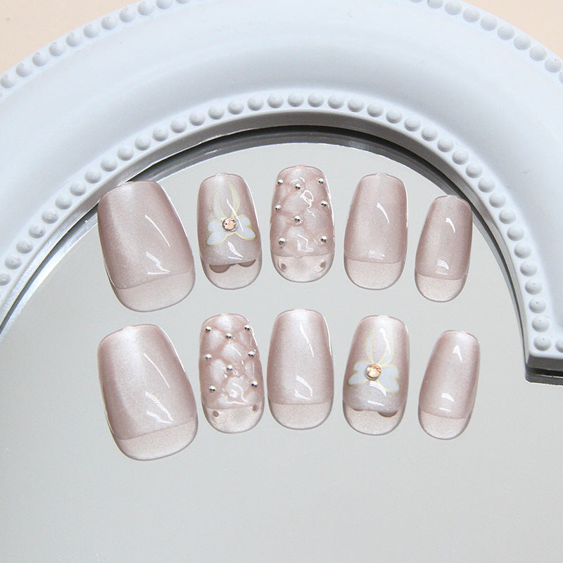 Elegant Blossom Collection Dreamy Short Square Beige Press On Nail Set with Pearl and Floral Accents