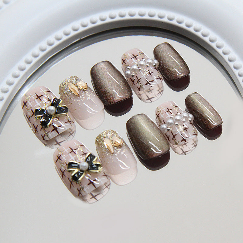 Elegant Charm Press-On Nail Set in Short Square Design with Earthy Brown Color and Unique Pearl and Bow Accents