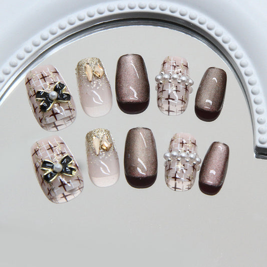 Elegant Charm Glossy Short Squoval Beige and Brown Nail Set with Pearl and Bow Embellishments