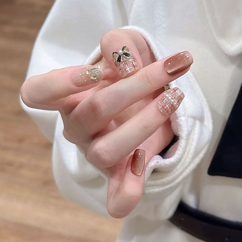 Elegant Autumn Inspired Short Square Press On Nails in Brown with Glitter and Bow Detail