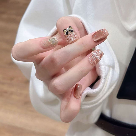 Elegant Autumn Inspired Short Square Press On Nails in Brown with Glitter and Bow Detail