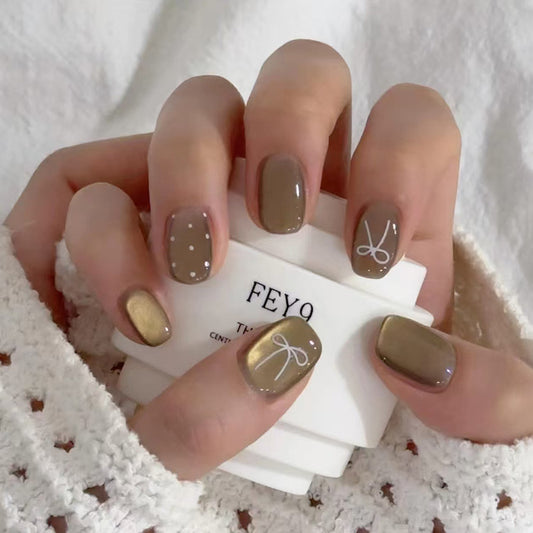Chic Autumn Vibes Short Square Brown Press On Nail Set with Unique Bow and Polka Dot Design