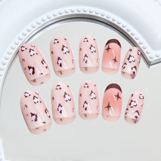 Wild Elegance Short Oval Soft Pink Sets with Shimmer and Stylish Animal Print