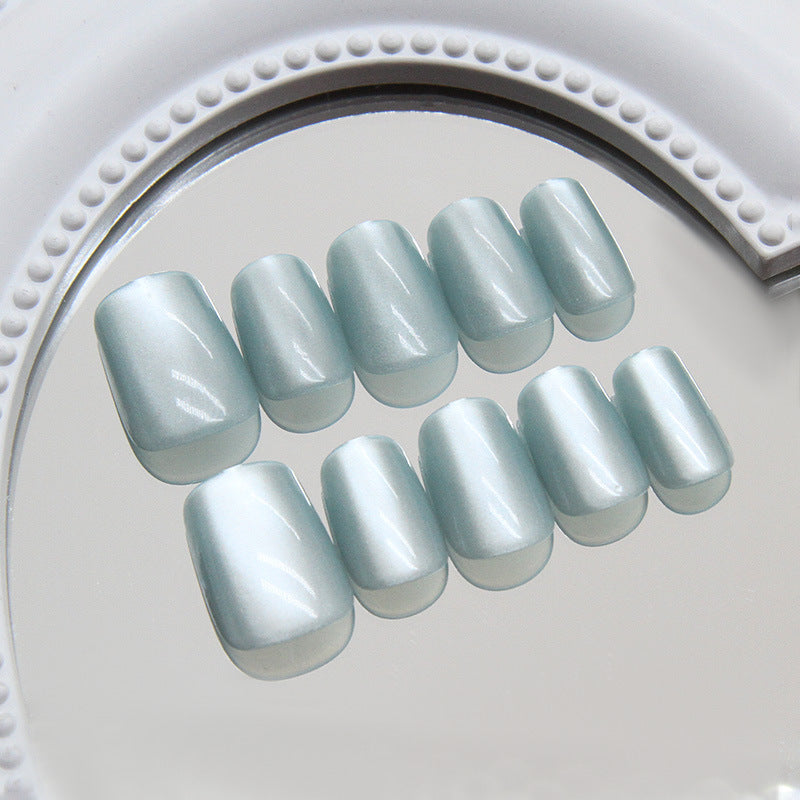 Ocean Breeze Elegant Short Square Shape Glossy Aqua Nail Set with Iridescent Finish