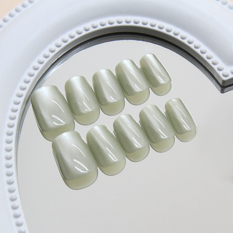 Whimsical Garden Short Square Press On Nails in Soft Green with Iridescent Shine