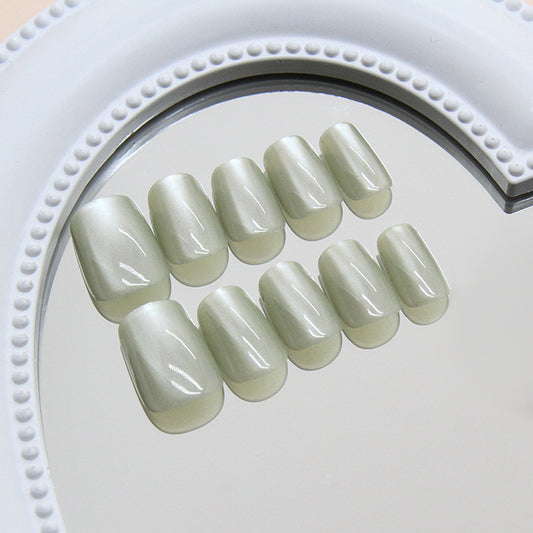 Whimsical Garden Short Square Press On Nails in Soft Green with Iridescent Shine