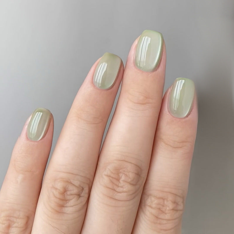 A Dreamy Forest Vibe Short Square Olive Green Press On Nail Set with Glossy Finish
