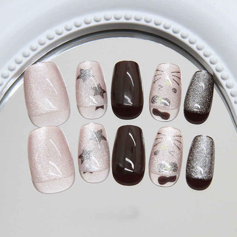 Celestial Elegance Medium Coffin Glossy Pink and Brown Press On Nail Set with Starry Accents