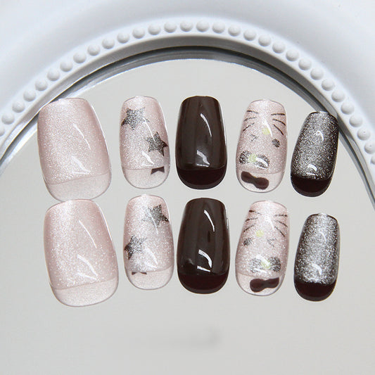 Celestial Elegance Medium Coffin Glossy Pink and Brown Press On Nail Set with Starry Accents