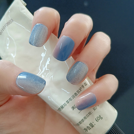 Ocean Breeze Ombre Short Square Glitter Press On Nail Set with Stunning Gradient Finish