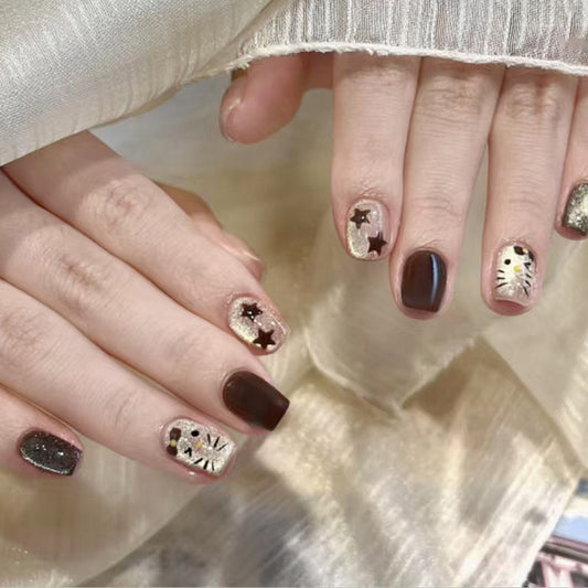 Cosmic Glamour Press on Nails Short Square Burgundy with Glittering Star Accents