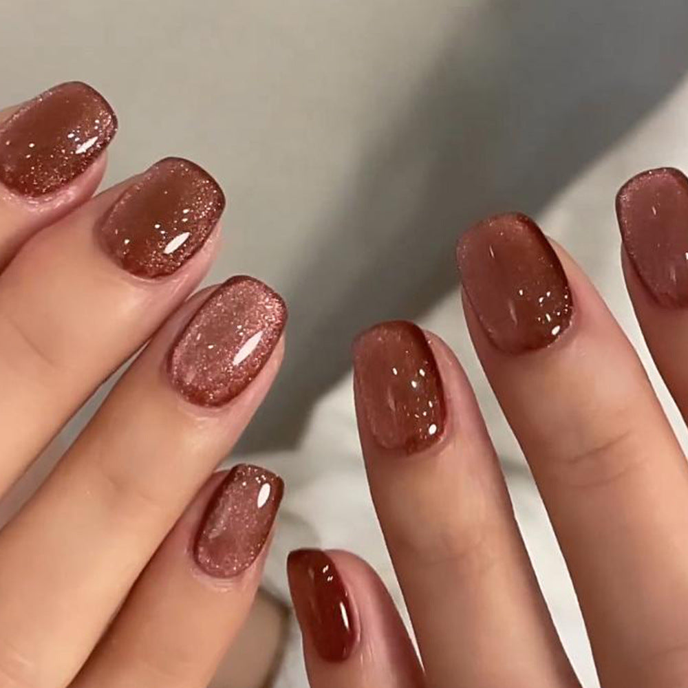 Glimmering Autumn Inspiration Short Square Rosy Brown Nail Set with Iridescent Glitter Finish