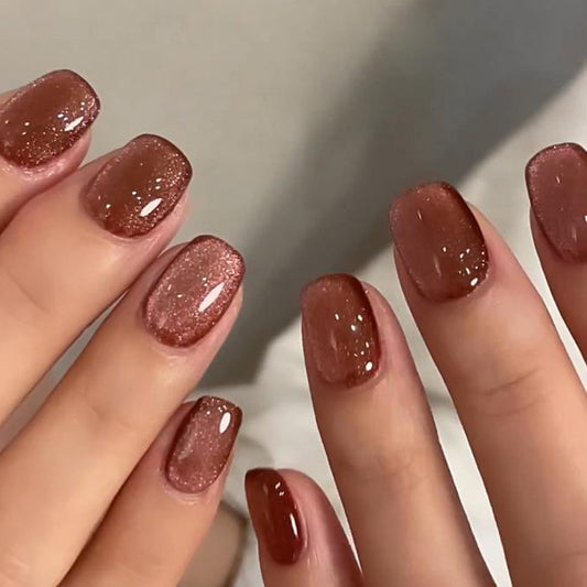 Glimmering Autumn Inspiration Short Square Rosy Brown Nail Set with Iridescent Glitter Finish