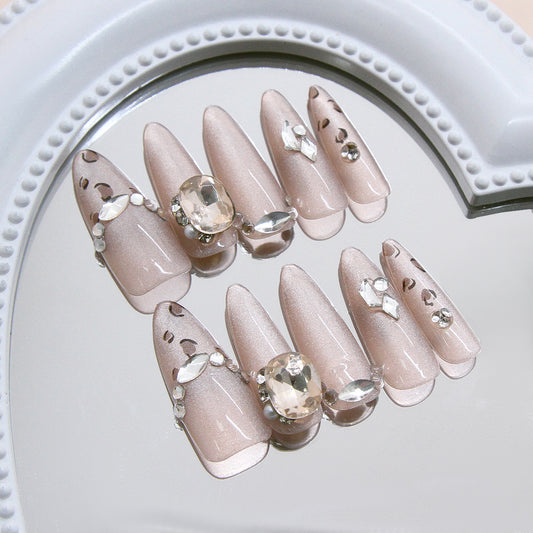 Glamorous Elegance Press On Nail Set Long Almond Shape Soft Pink Color Embellished with Gemstones