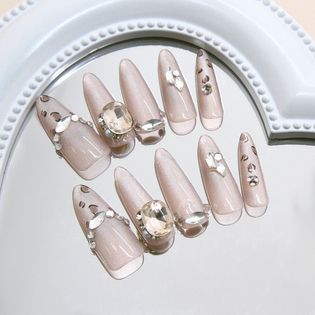 Elegant Harmony Long Almond Beige Press On Nail Set with Unique Gemstone Accents