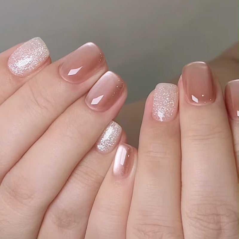 Glittering Elegance Short Square Blush Pink Nail Set with Sparkling Ombre Finish