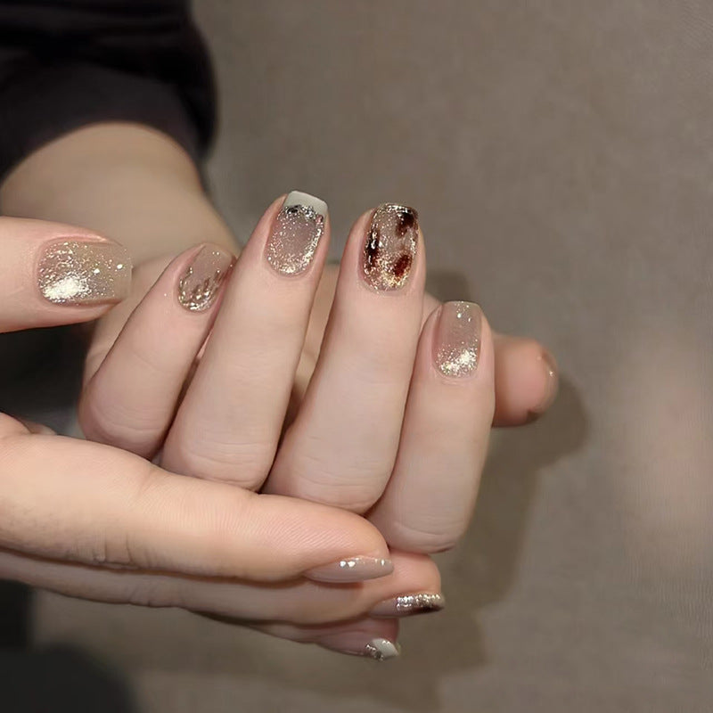 Glamorous Radiance Short Square Medium Beige Gold Glitter Press On Nail Set