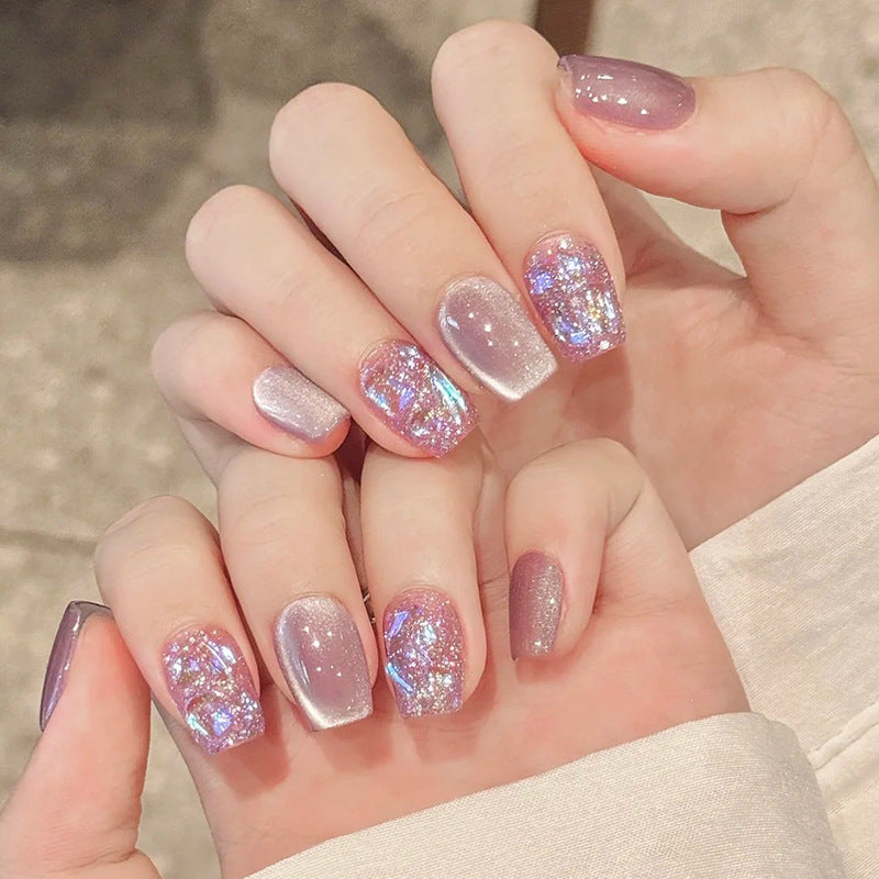 Glamorous Fairy Tale Short Square Purple Iridescent Sparkle Press On Nail Set