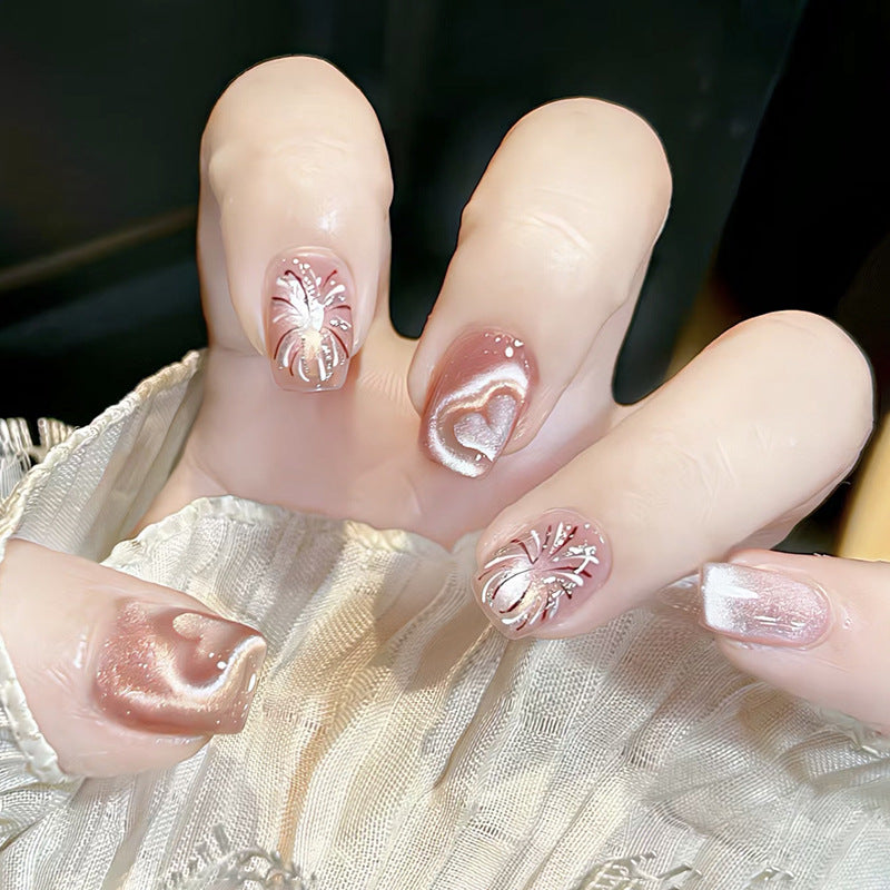 Elegant Dreamy Lengthy Short Square Blush Pink Set with Charming Heart and Floral Accents