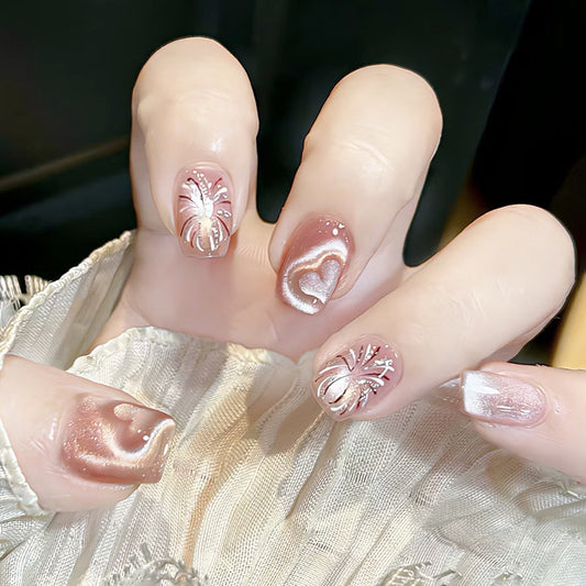 Elegant Dreamy Lengthy Short Square Blush Pink Set with Charming Heart and Floral Accents