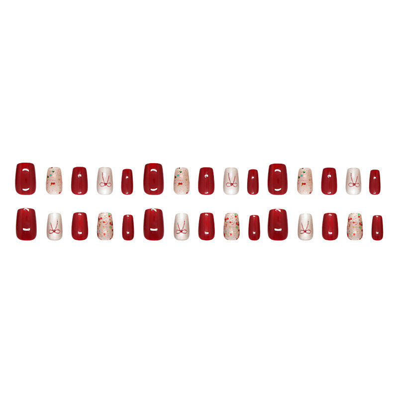 Festive Charm Bold Short Coffin Red and Soft White Press-On Nail Set with Chic Floral Accents