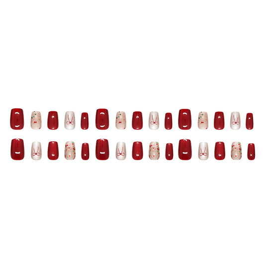 Festive Charm Bold Short Coffin Red and Soft White Press-On Nail Set with Chic Floral Accents