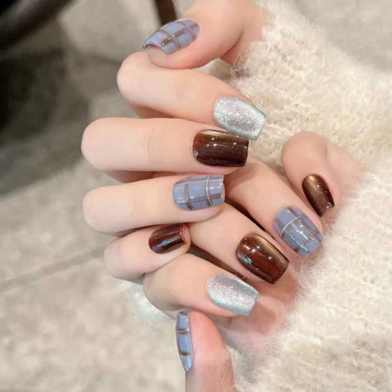 Chic Elegance Short Square Burgundy Blue and Silver Glitter Press-On Nail Set with Stylish Grid Design
