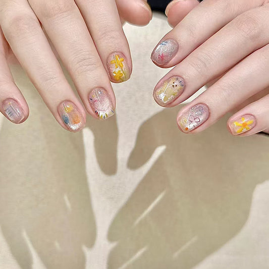 Whimsical Radiance Short Square Translucent Pastel with Floral Accents Press On Nail Set