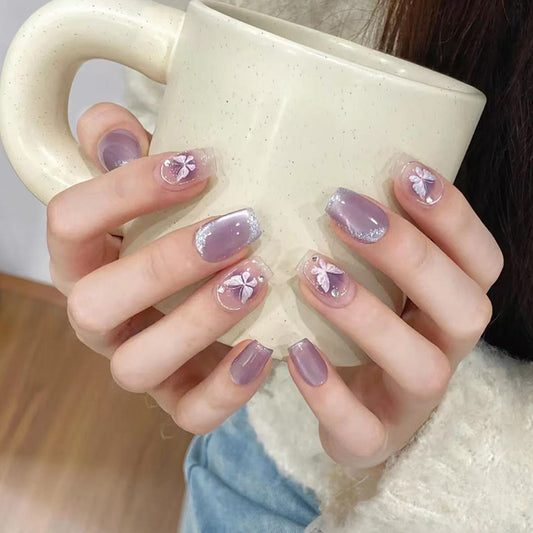 Whimsical Elegance Medium Square Lavender Press On Nail Set with Delicate Floral Accents