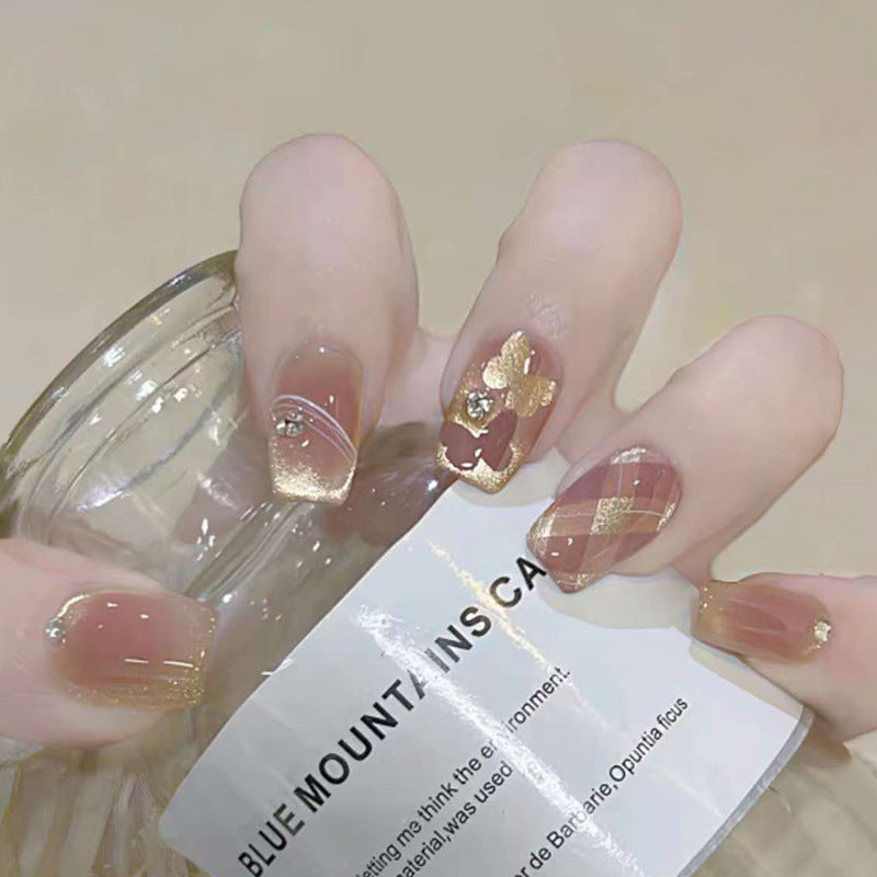 Glamorous Mountain Escape Medium Coffin Brown with Gold Accent and Unique Floral Design Press Nail Set