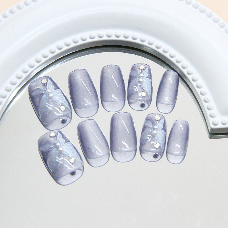 Whimsical Charm Short Square Soft Lavender with Elegant Pearl Accents Press on Nail Set