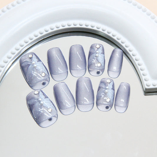 Whimsical Charm Short Square Soft Lavender with Elegant Pearl Accents Press on Nail Set