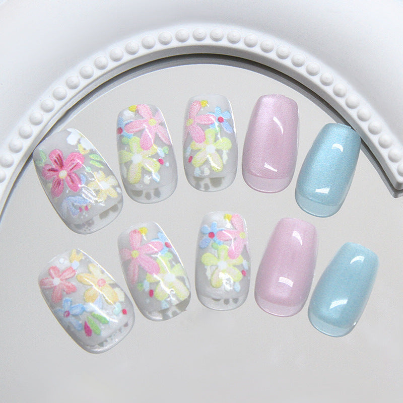 Whimsical Garden Inspired Short Coffin Shape Pastel Soft Colors with Delicate Floral Art Press On Nail Set