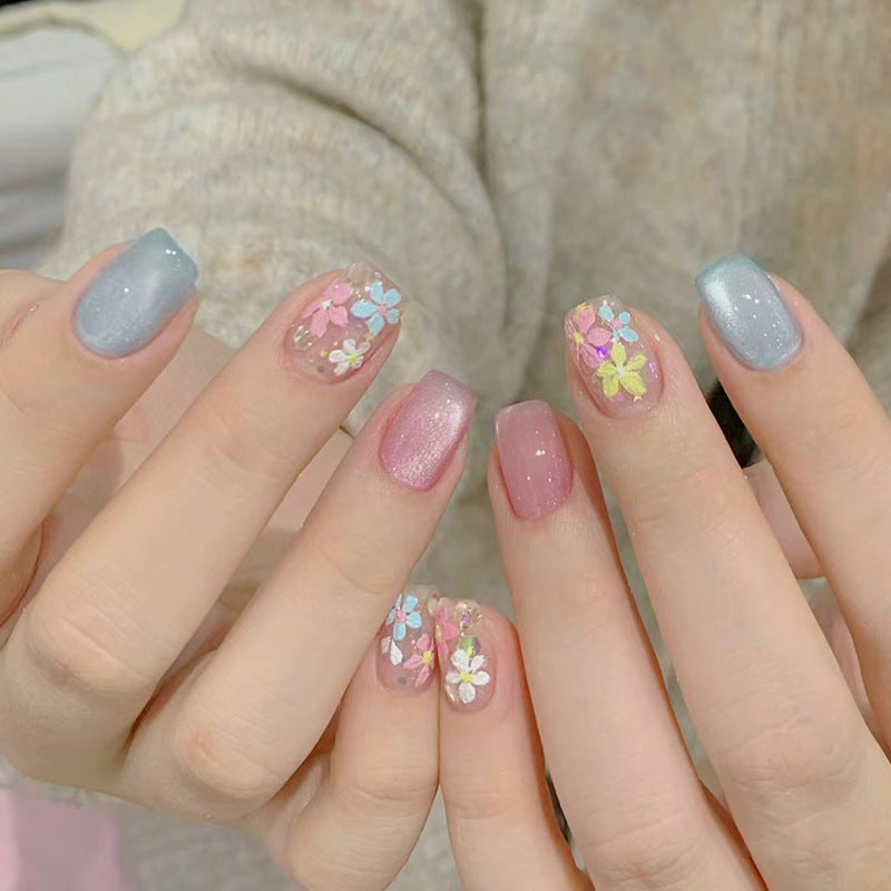 Whimsical Garden Short Square Press On Nail Set in Soft Blue and Pink with Floral Accents