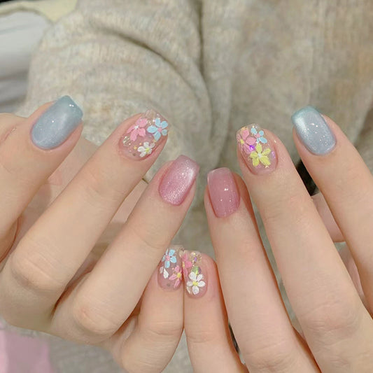 Whimsical Garden Short Square Press On Nail Set in Soft Blue and Pink with Floral Accents