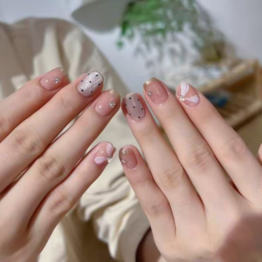 Whimsical Elegance Short Square Pink with Delicate Floral Accents and Sparkling Details Press on Nail Set