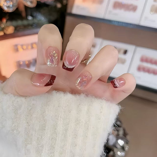 Vintage Charm Elegant Short Square Burgundy Ombre Press On Nail Set with Glitter Accents