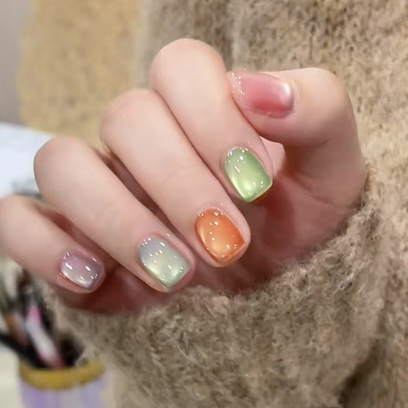 Whimsical Garden Short Square Acrylic Press-On Nail Set in Ombre Green and Orange with Iridescent Finish