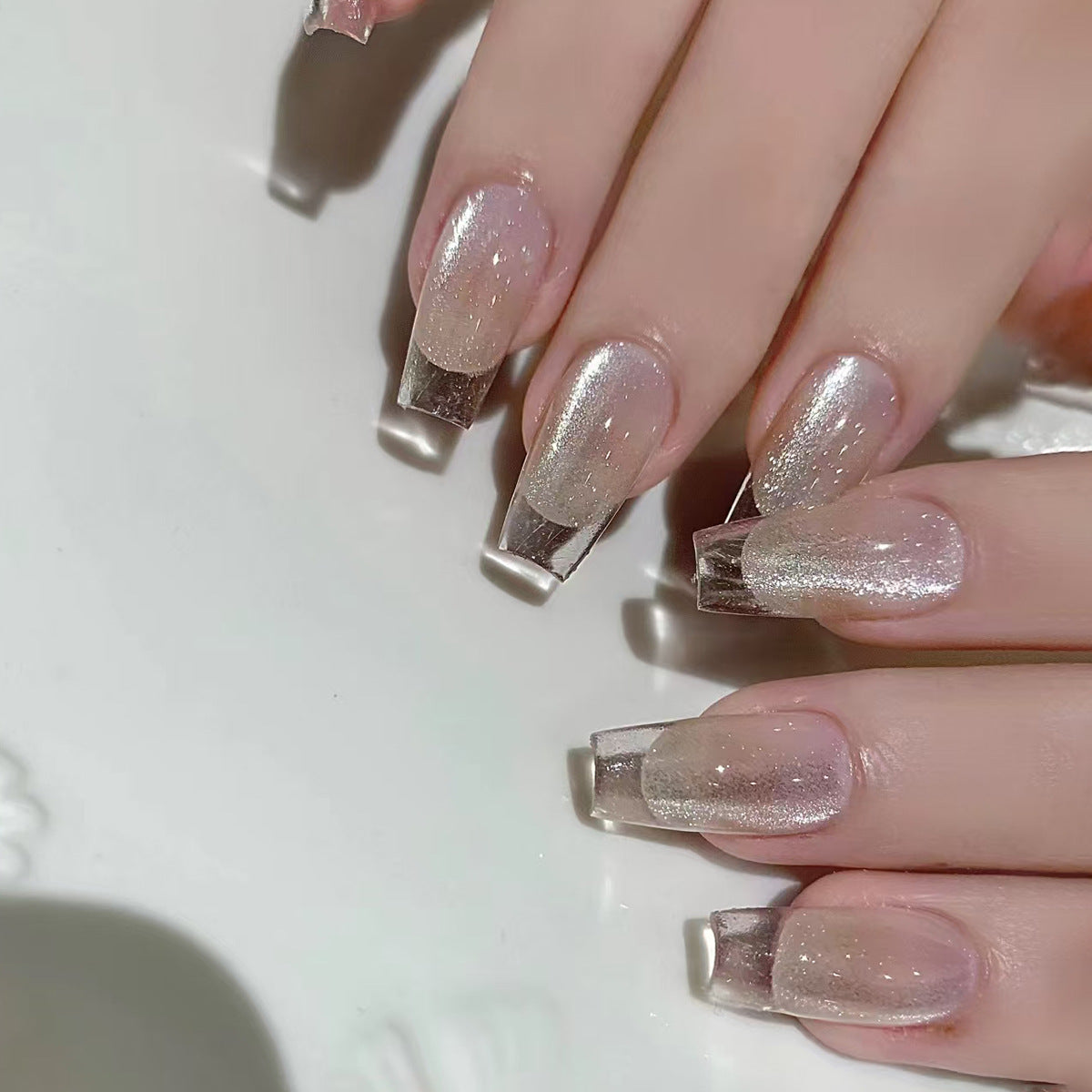 Glimmering Fantasy Long Coffin Clear Gradient Press On Nail Set with Luminous Effect