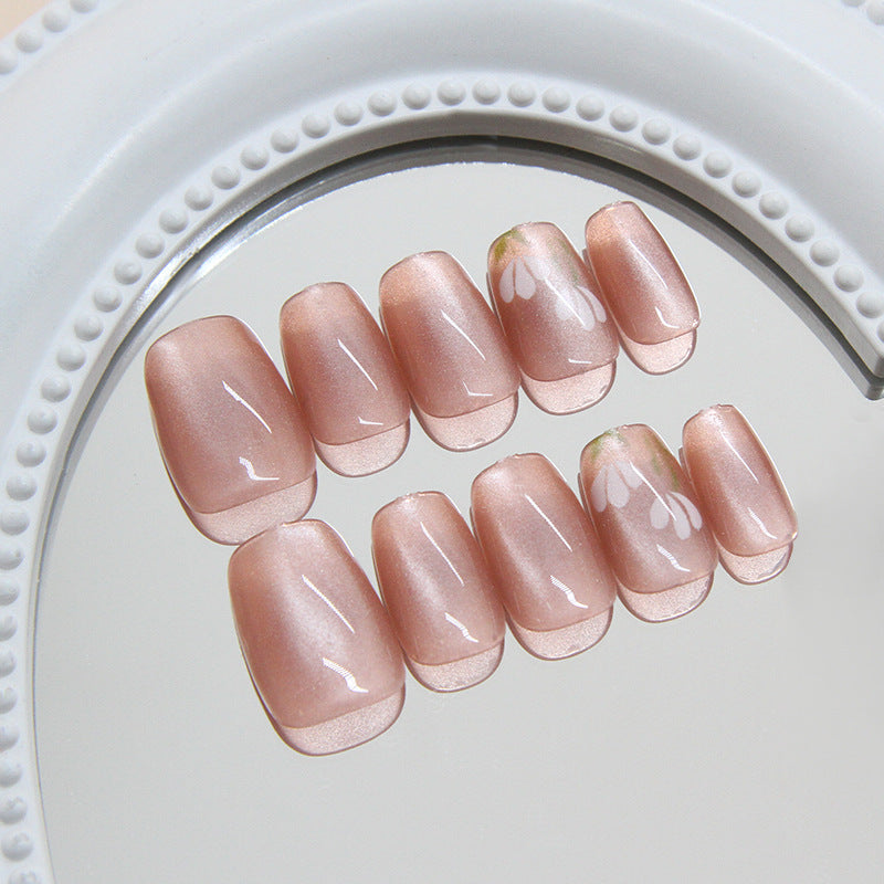Blossoming Elegance Short Coffin Blush Pink Nails with Floral Design