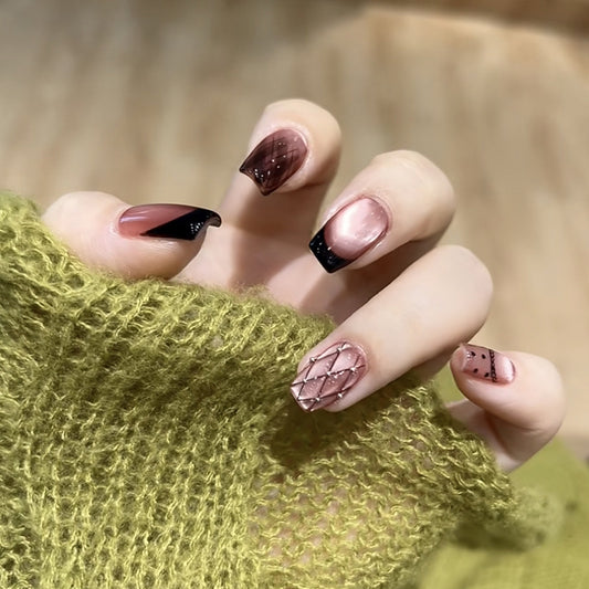 Chic Elegance Medium Square Ombre Brown with Artistic Black Tips and Textured Design Press-On Nail Set