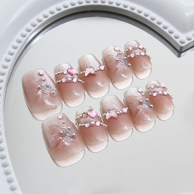 Whimsical Dream Press On Nail Set Short Square Blush Pink with Charming Star and Heart Embellishments