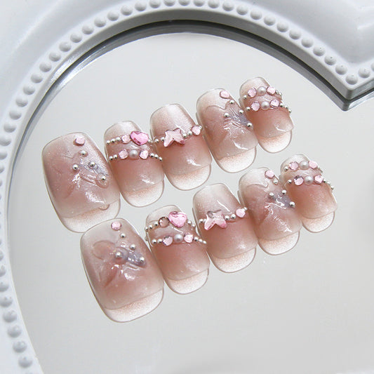 Whimsical Dream Press On Nail Set Short Square Blush Pink with Charming Star and Heart Embellishments