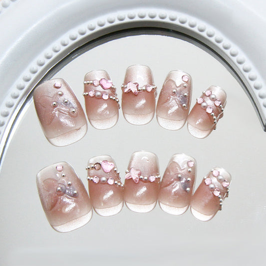 Dreamy Blossom Short Square Ombre Pink Press-On Nails with Charming Pearl and Heart Accents